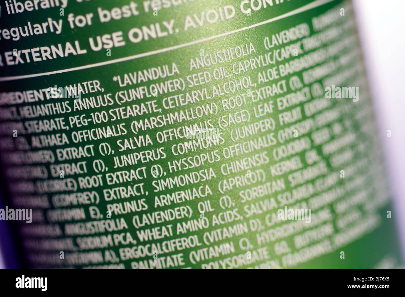 Body lotion ingredients list Stock Photo Alamy