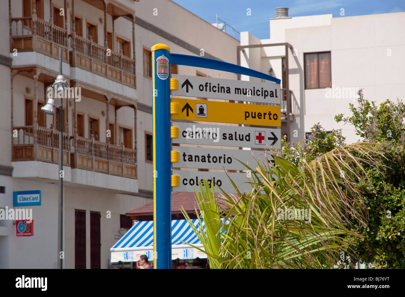A road sign in the main square at Playa Santiago, La Gomera Stock Photo