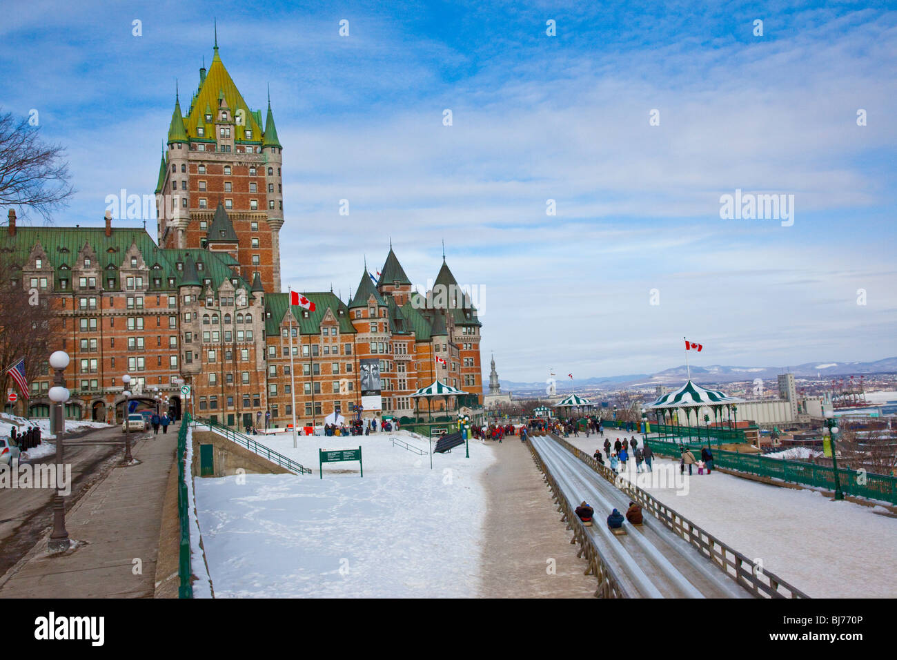 Tobogganing during Winter Carnaval in Old Quebec City, Canada Stock