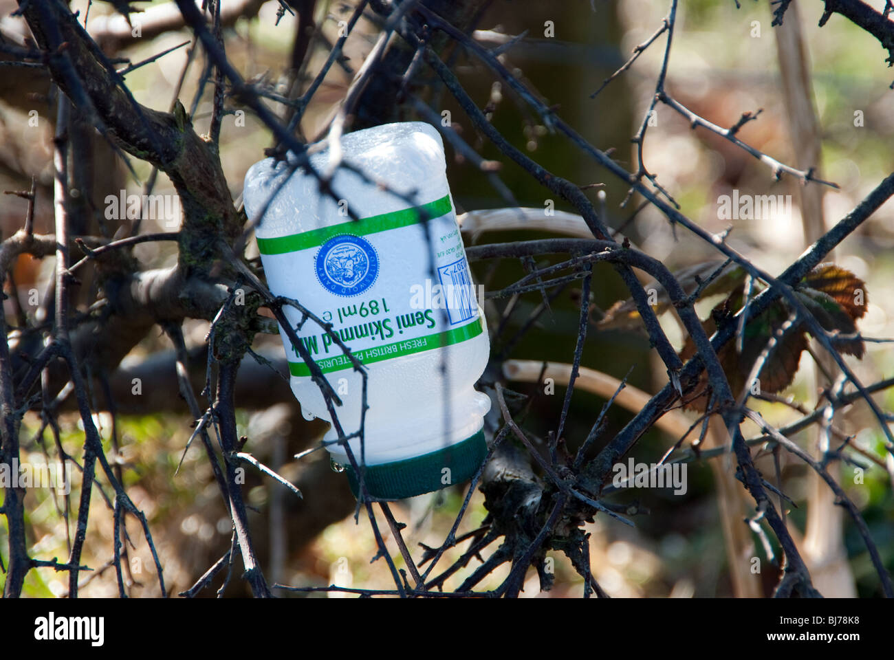 Milk Container in hedgerow Stock Photo