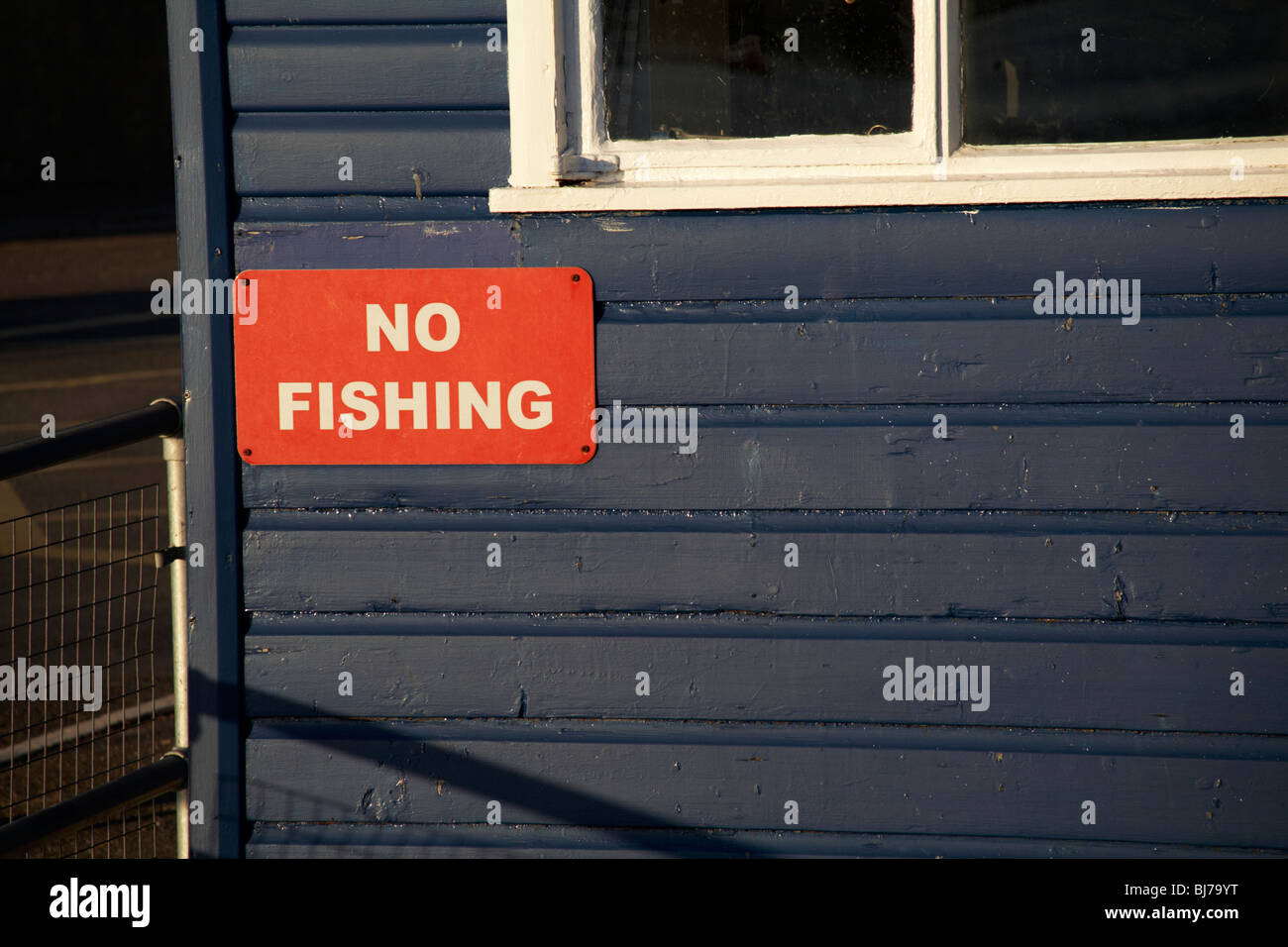No Fishing sign on hut at Sandbanks, Poole, Dorset Stock Photo