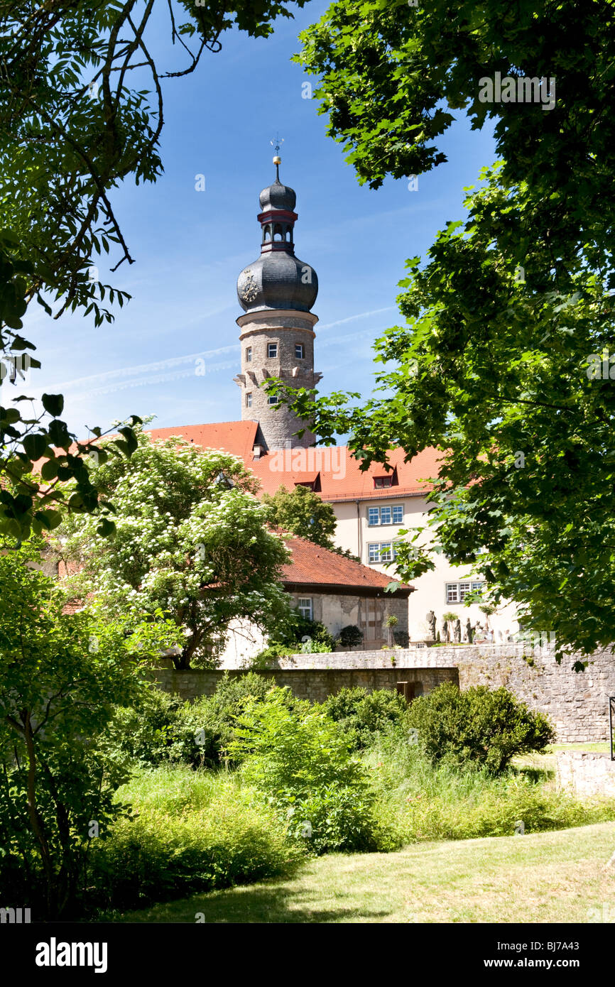 Building with tower and garden, Weikersheim, Main-Tauber District, Baden-Wurttemburg, Germany Stock Photo