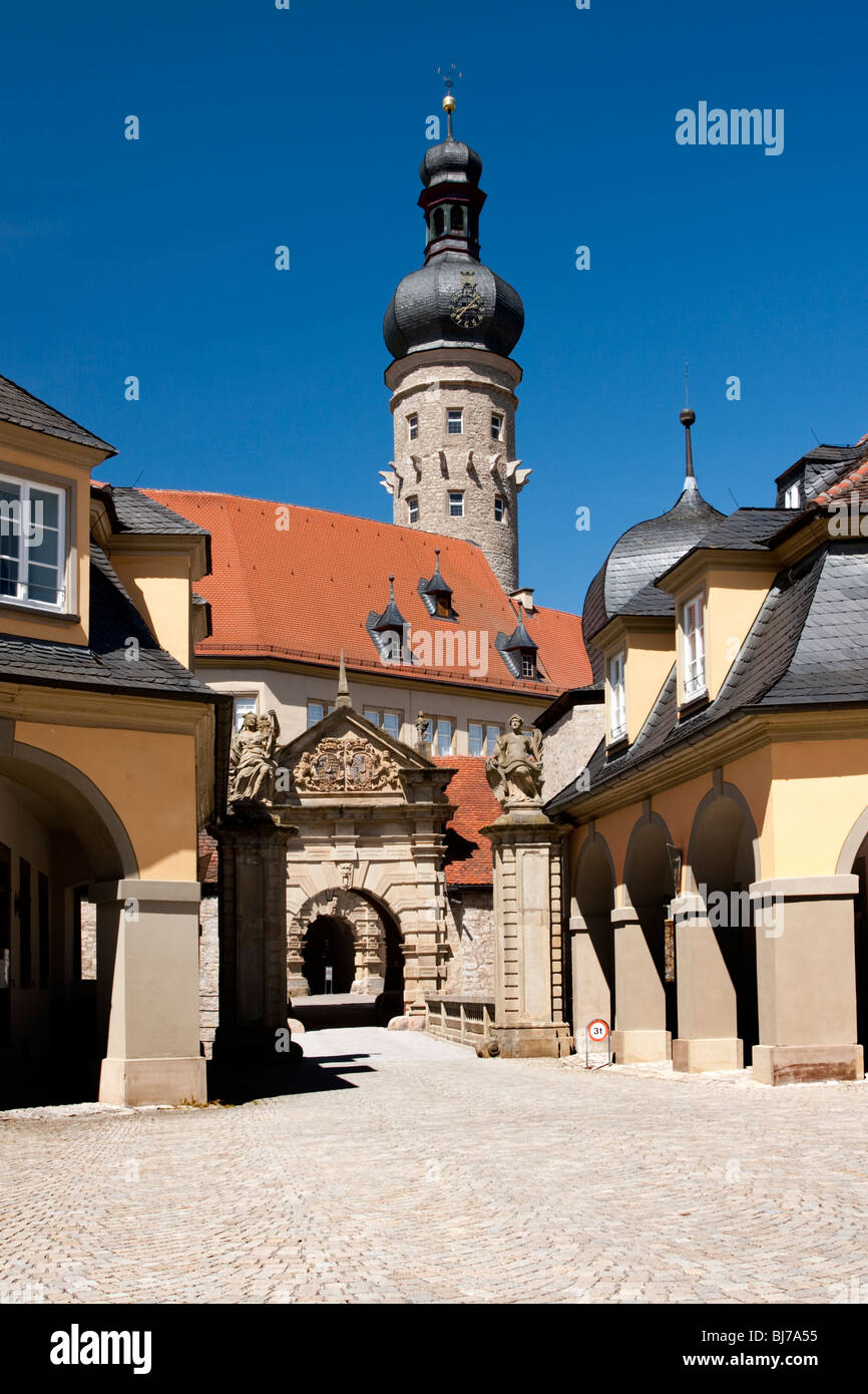 Building with ornate arches and Tower, Weikersheim, Main-Tauber District, Baden-Wurttemburg, Germany Stock Photo