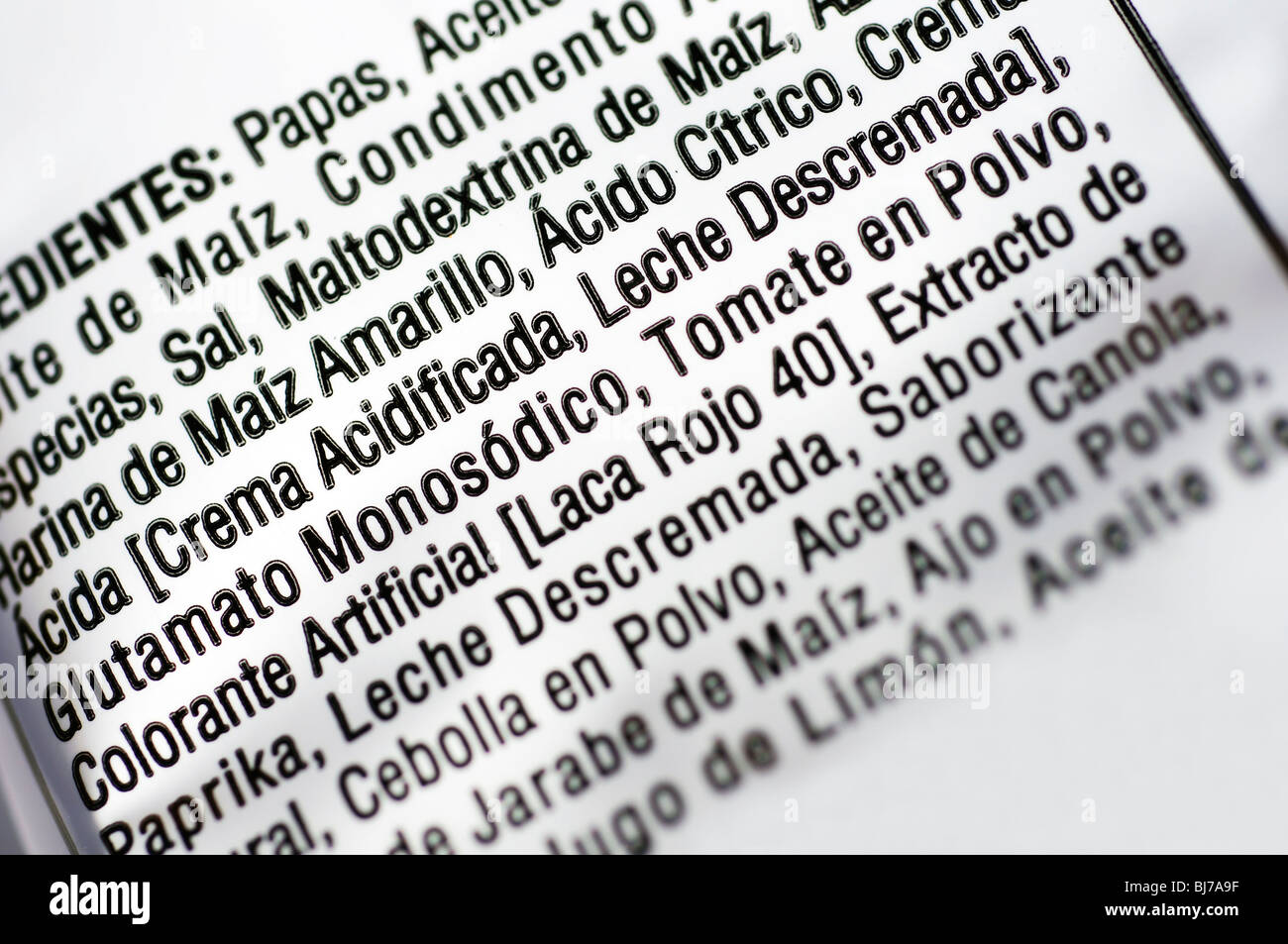 Ingredients list on food package in Spanish Stock Photo Alamy