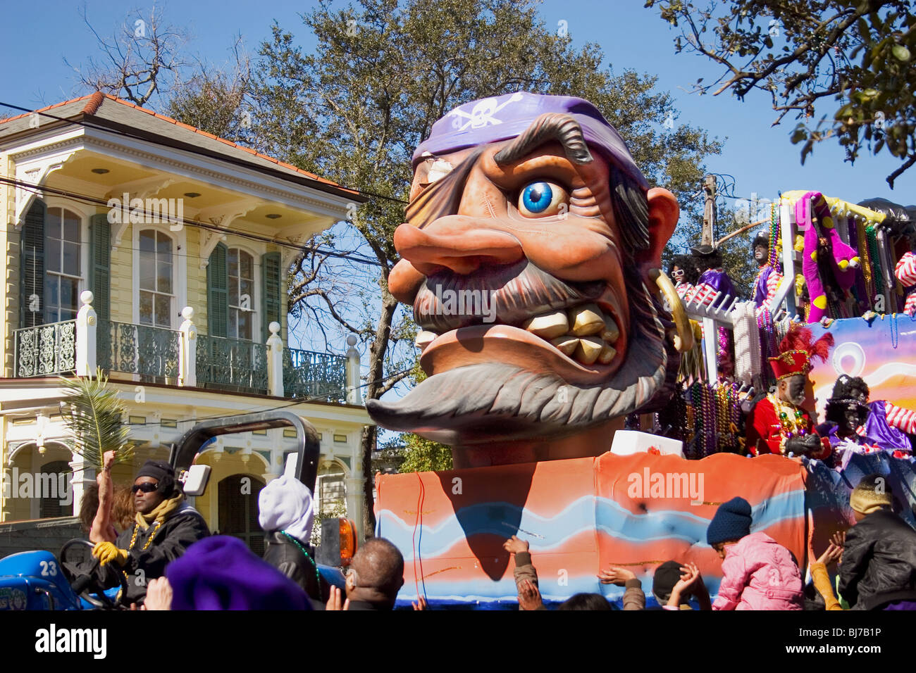 Pirate float in the Zulu parade.  Mardi Gras day, New Orleans. Stock Photo
