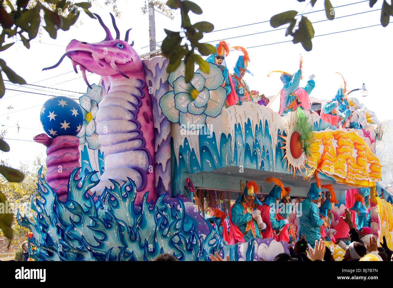 Float with masked riders in the Rex parade. Mardi Gras day, New Orleans