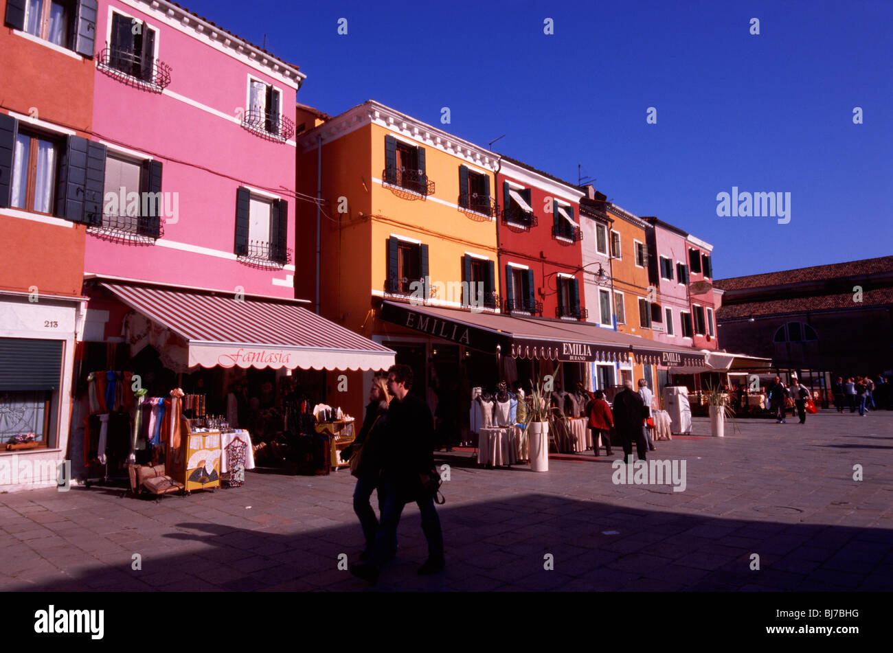 Venice, March 2008 -- Brightly colored houses on Burano, an island in the Venetian lagoon. Stock Photo