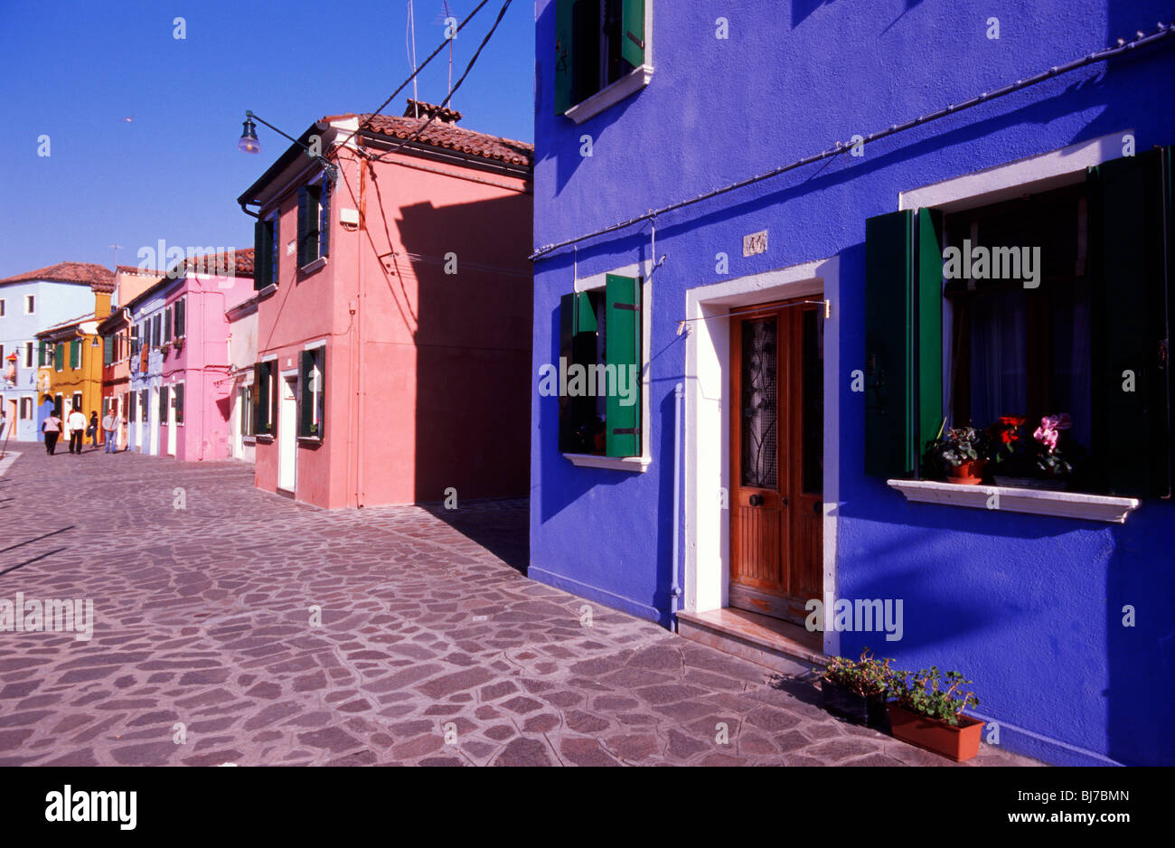 Venice, March 2008 -- Brightly colored houses on Burano, an island in the Venetian lagoon. Stock Photo