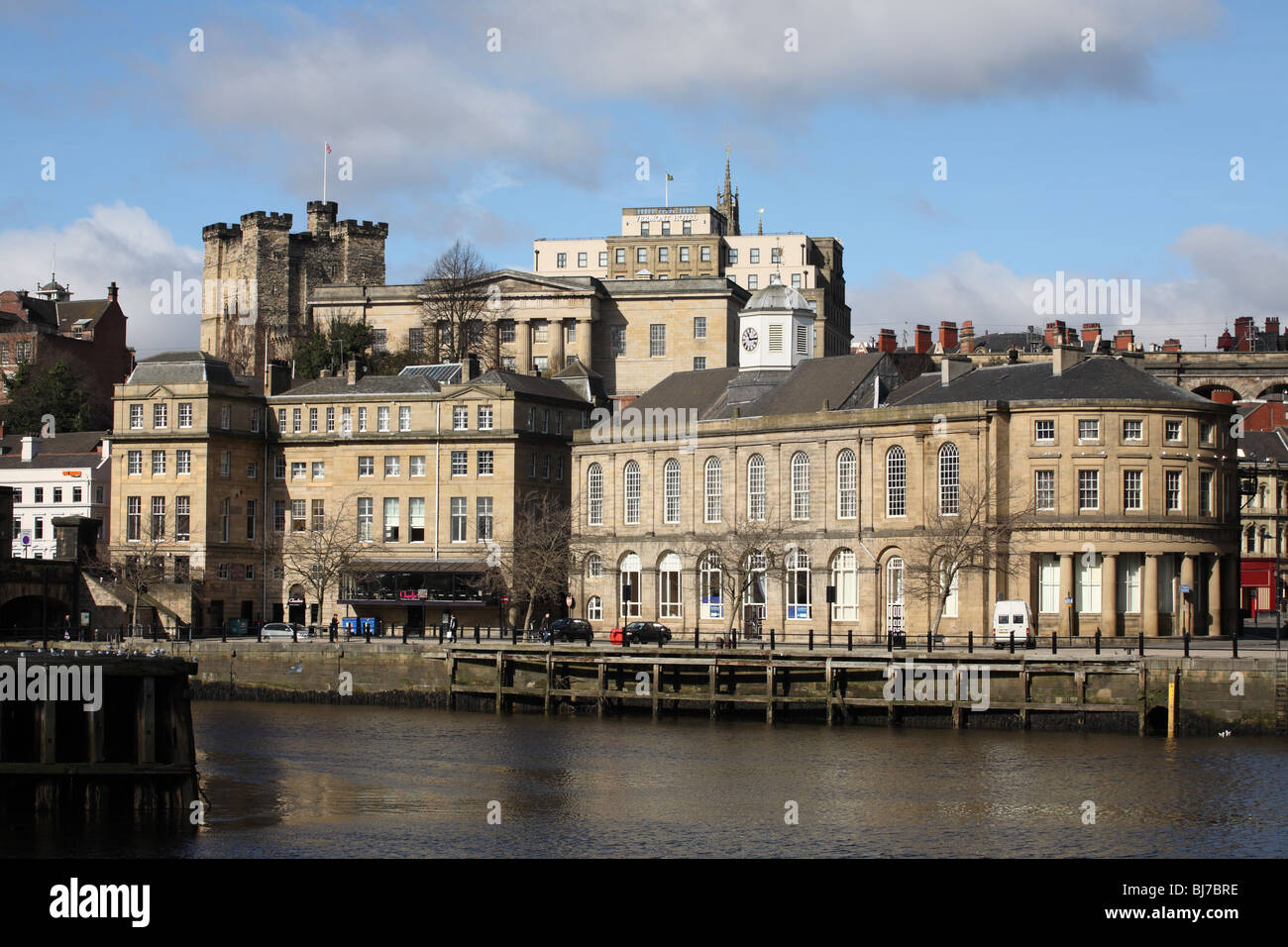 Newcastle upon Tyne quayside with the guildhall in the foreground and the Castle Keep in the background. Stock Photo
