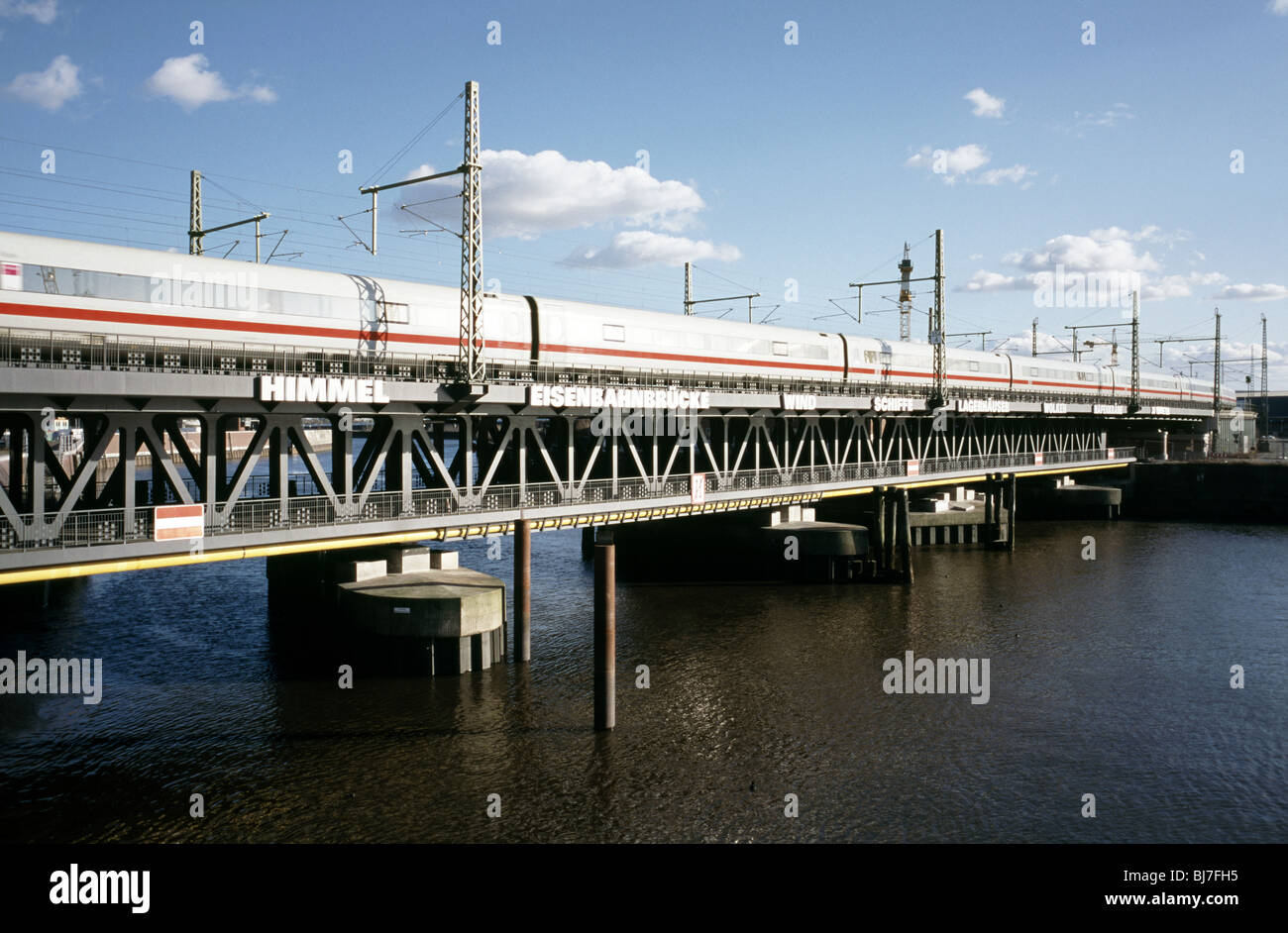 March 4, 2010 -  ICE train crossing Oberhafenbrücke (with Remy Zaugg installation) upon leaving Hamburg central station. Stock Photo