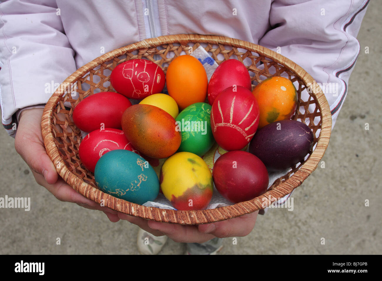 Easter eggs decorated from children, Bulgarian Stock Photo
