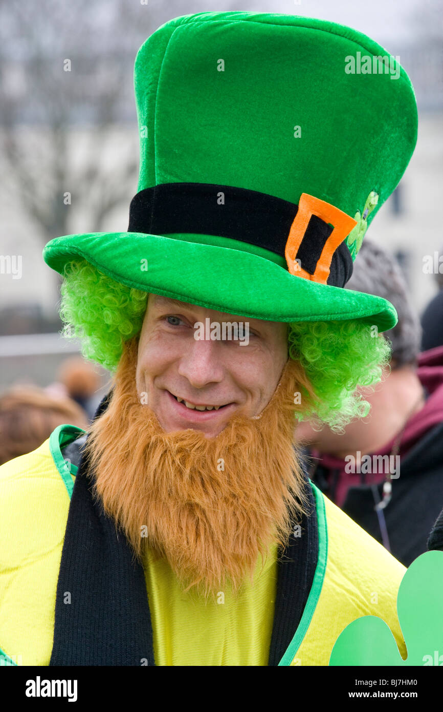 st. patricks day ireland irish green wearing celebration parade paddy paddys day patrick shamrock white orange gold costume Stock Photo