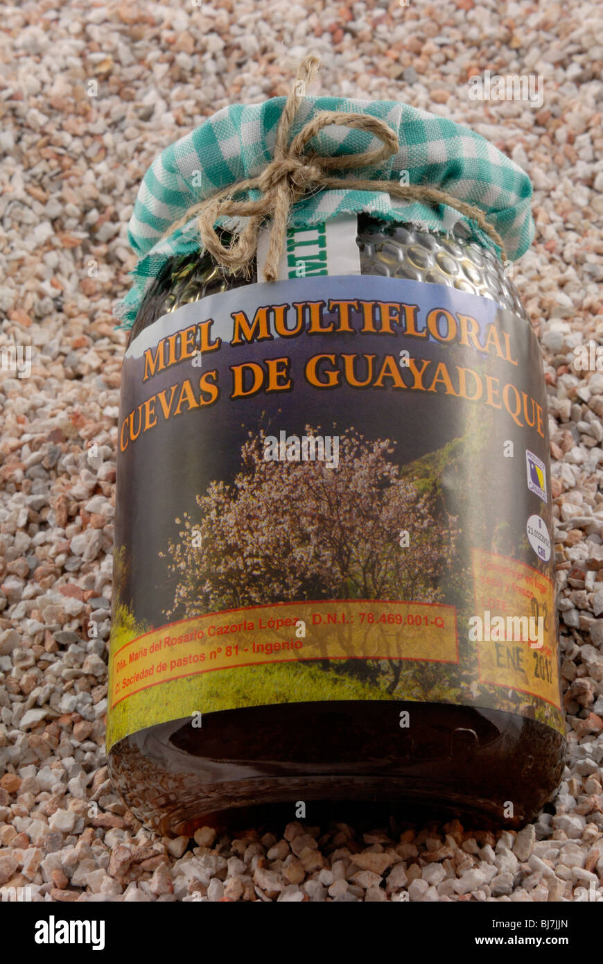 A jar of Miel Multifloral Cuevas de Guayadeque, Flower Honey from Guayadeque Ravine. Barranco de Guayadeque, Guayadeque Ravine, Stock Photo