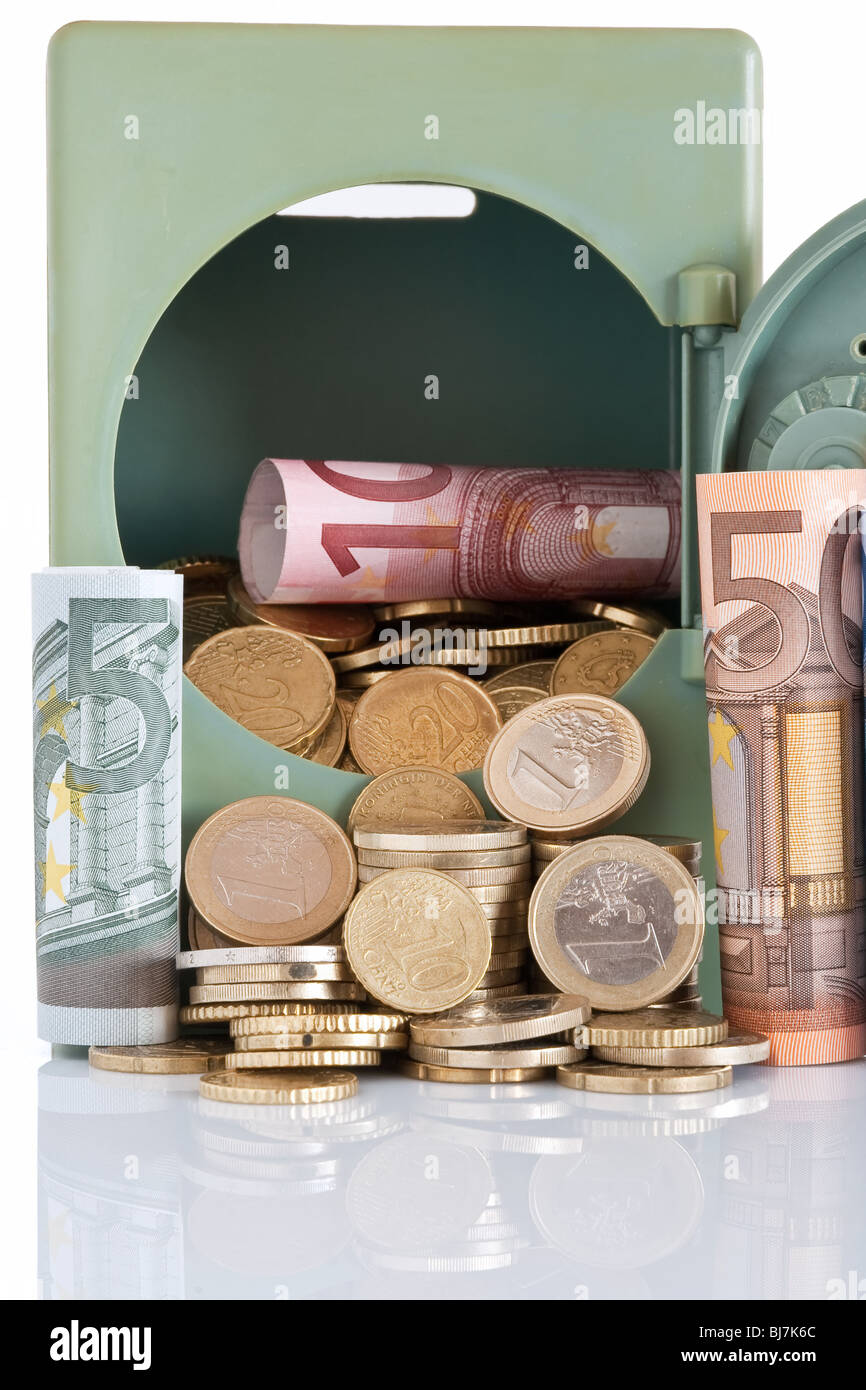 euro coins and notes are kept in a plastic safe Stock Photo