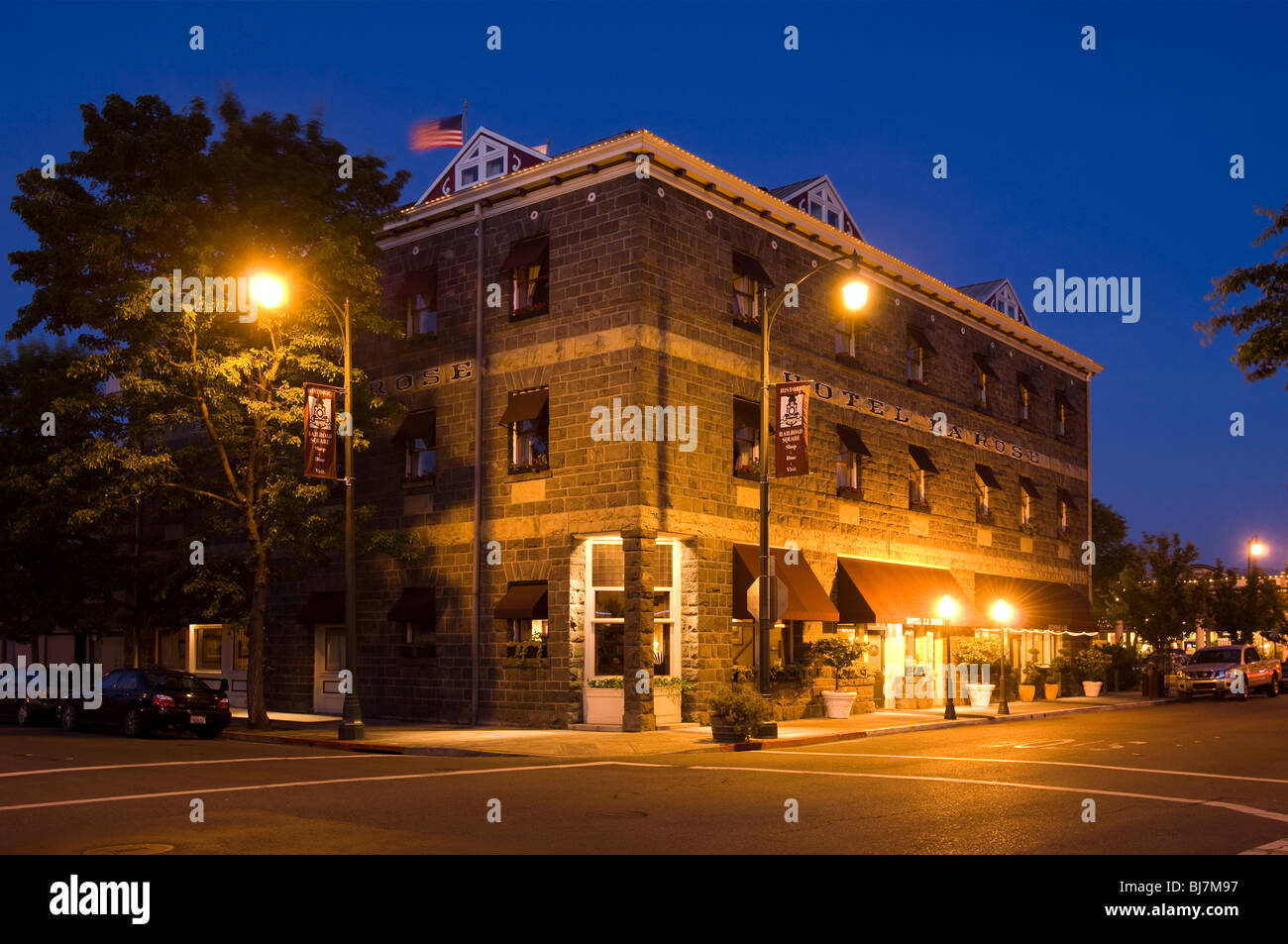 Evening photo of Hotel La Rosa, Santa Rosa Stock Photo