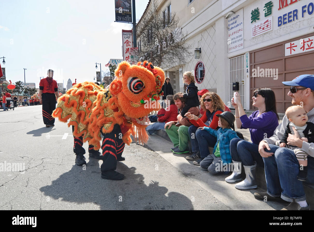 Chinese New Year parade in Chinatown of Los Angeles, California. Featuring Dragons and Lion Dancers. Stock Photo