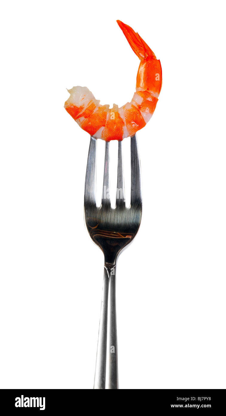 Shrimp on a fork over white background Stock Photo