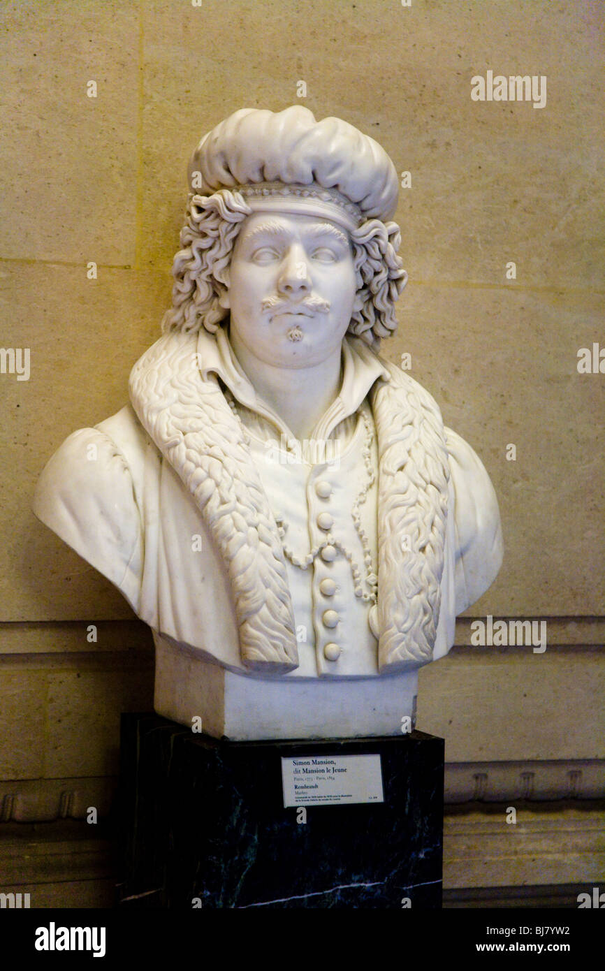 Bust of Rembrandt by Simon Mansion, also known as Mansion the Younger (French, 1773–1854), at the Louvre Museum, Paris. France. Stock Photo
