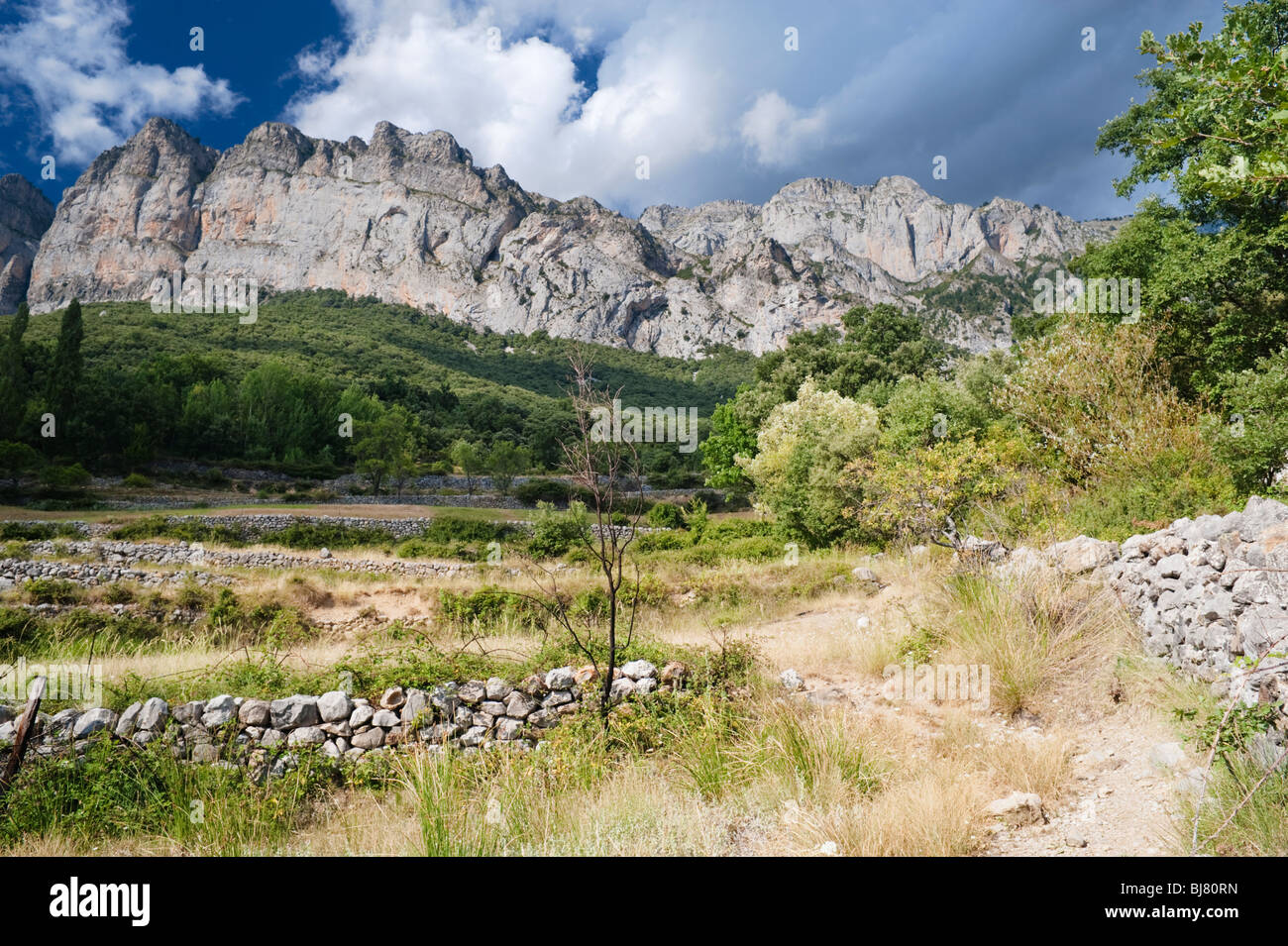 Peña Montañesa, a prominent limestone mountain in the Spanish Pyrenees, near the village of Oncíns, Huesca Province, Aragón Stock Photo