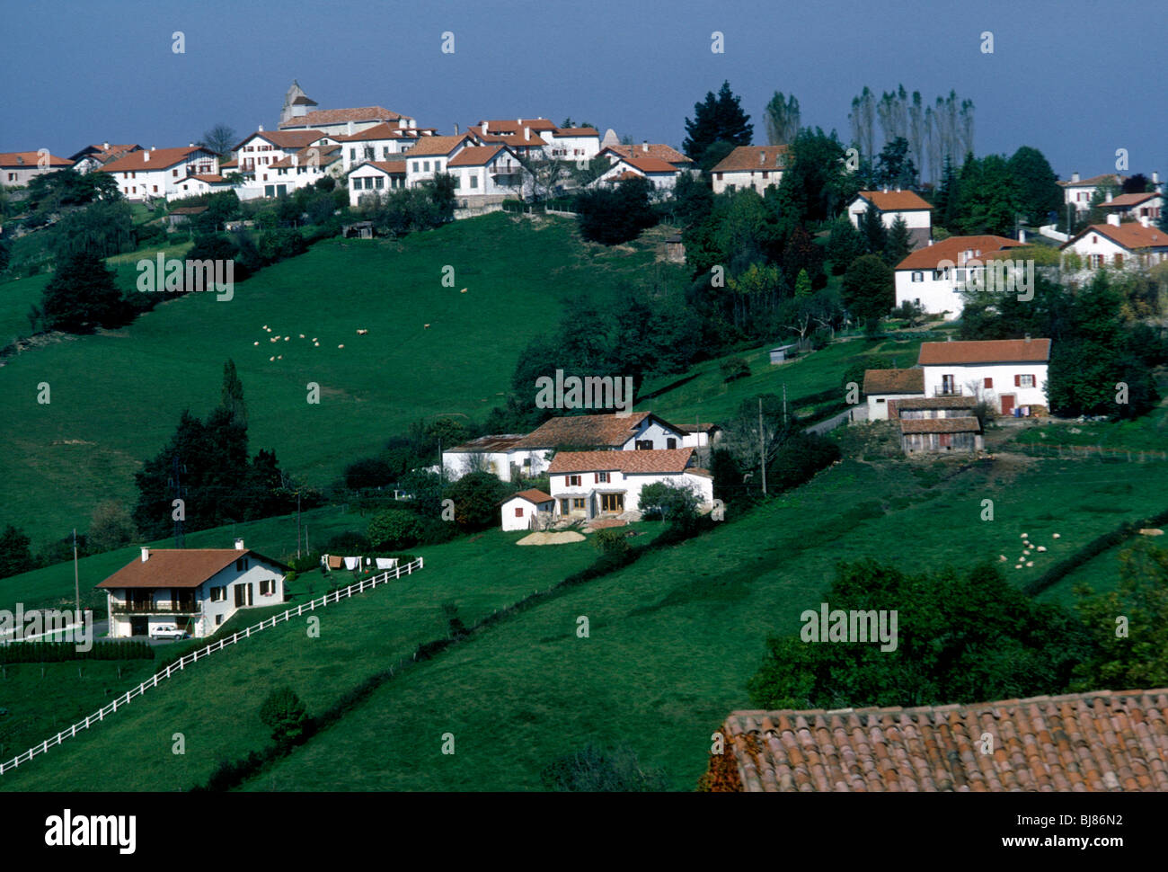 Homes houses along hillside in the French Basque Country in the village