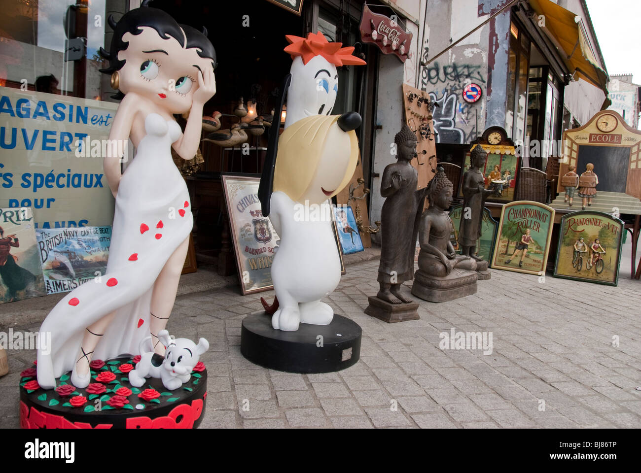 Paris, France, Shopping, Clignancourt Flea Market,, Antique Vintage Market, Old French Kitsch Statues Outside Shop, Display, Betty Boop Stock Photo