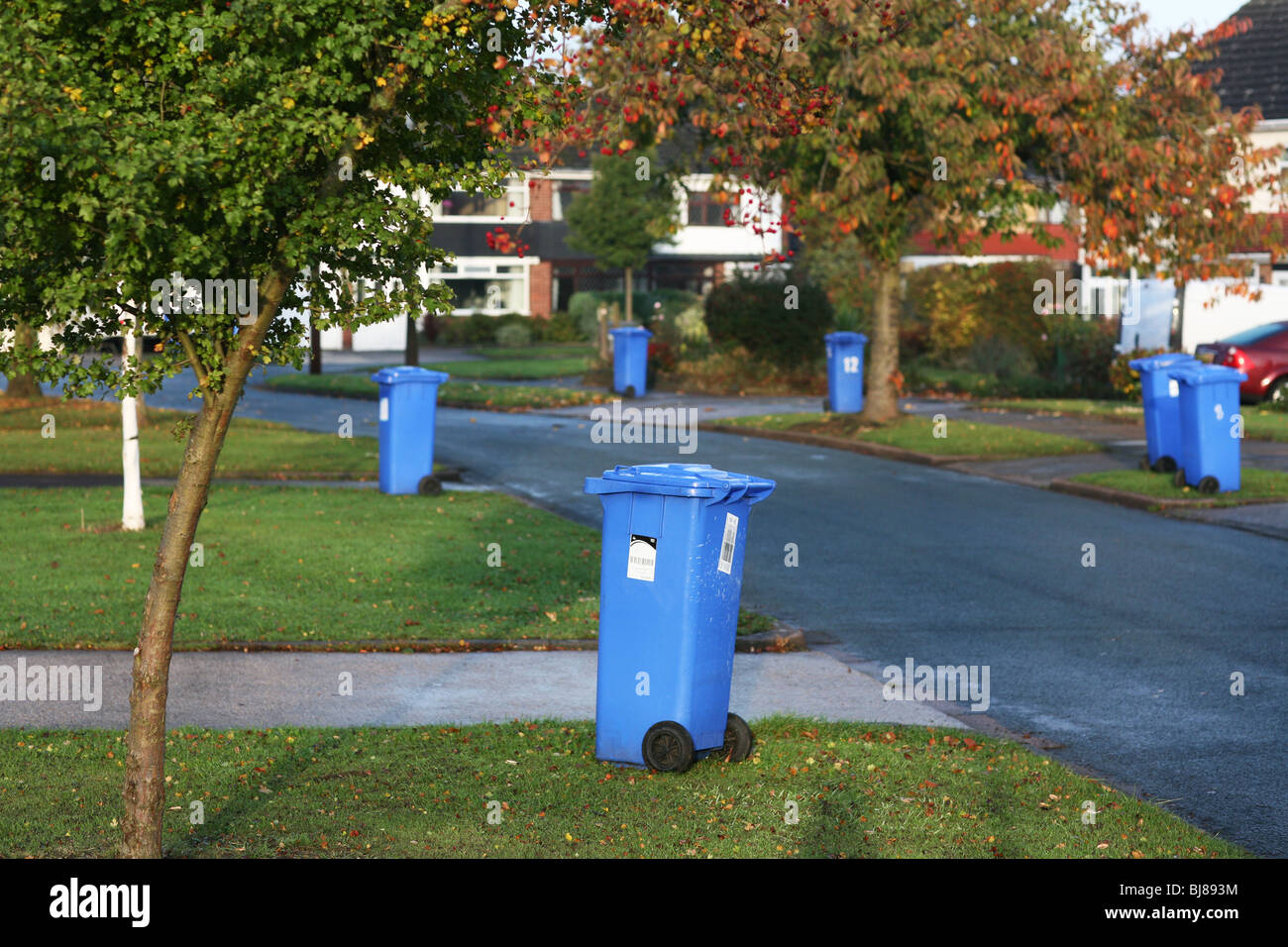 Wheelie bins in a UK road for recycling Stock Photo