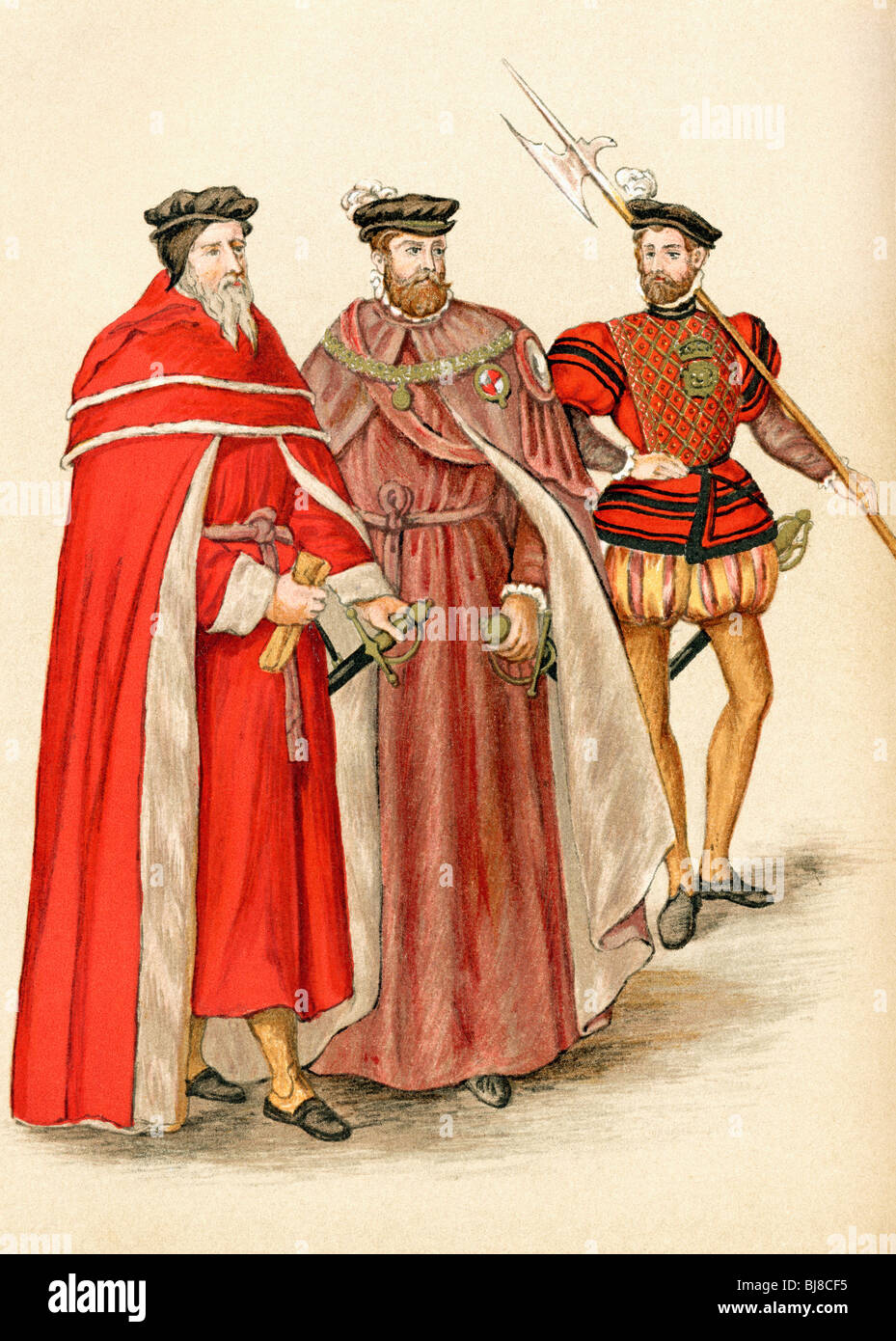 Two Peers in their robes, and a Halberdier during the Elizabethan era. Stock Photo