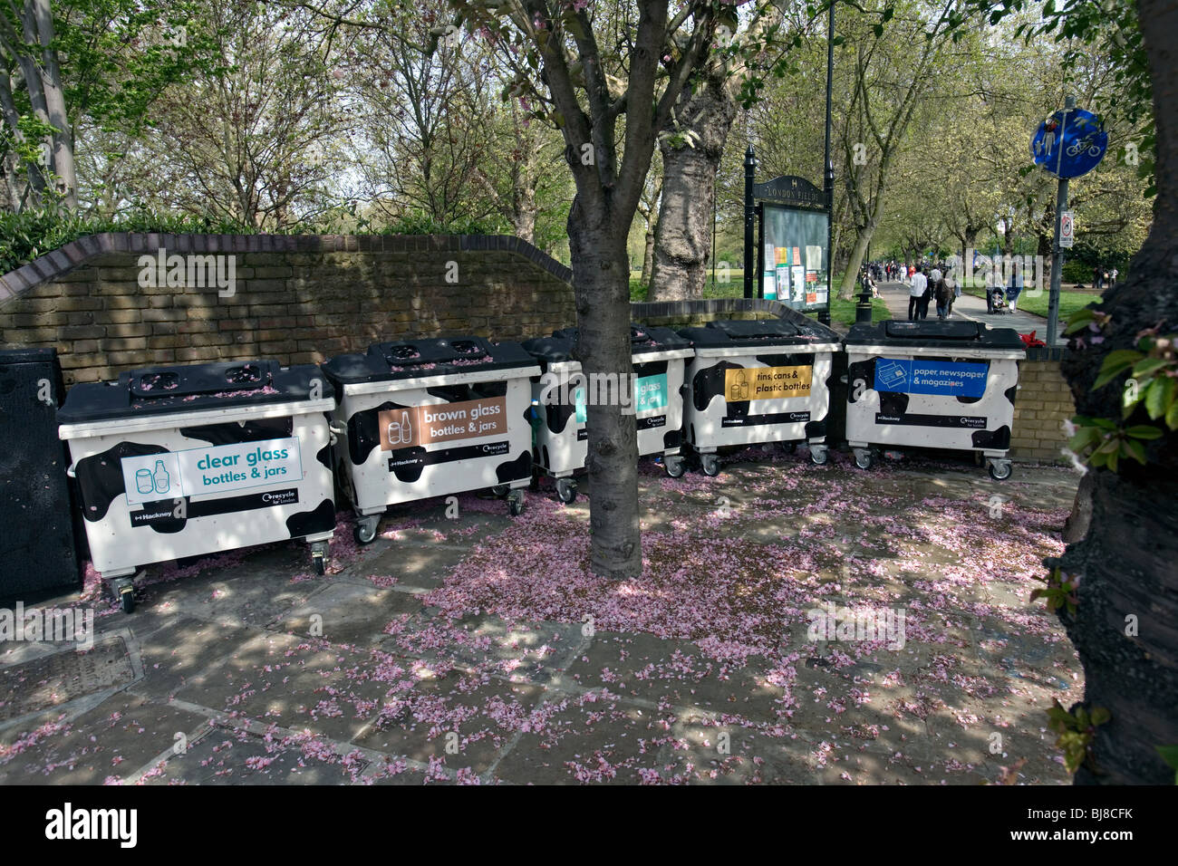 recycle bins in london fields in hackney Stock Photo Alamy