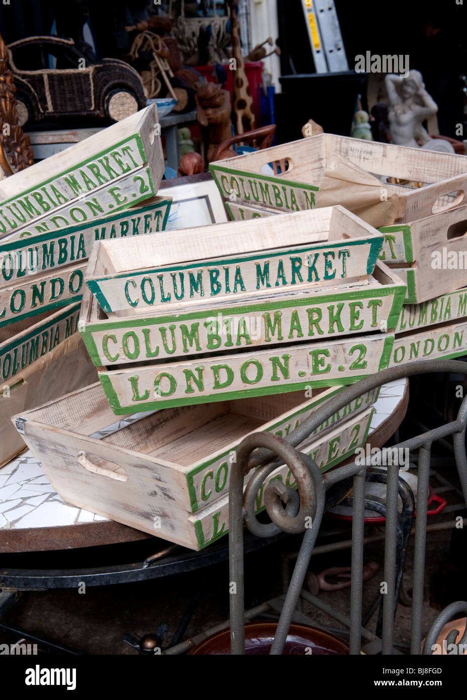 Flower boxes for sale at Columbia Road flower market, EC2 Stock Photo