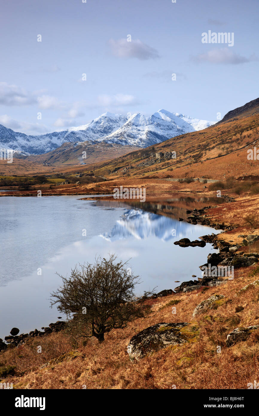 Winter views over Llynnau Mymbyr from Capel Curig towards Mount Snowdon, Wales Stock Photo