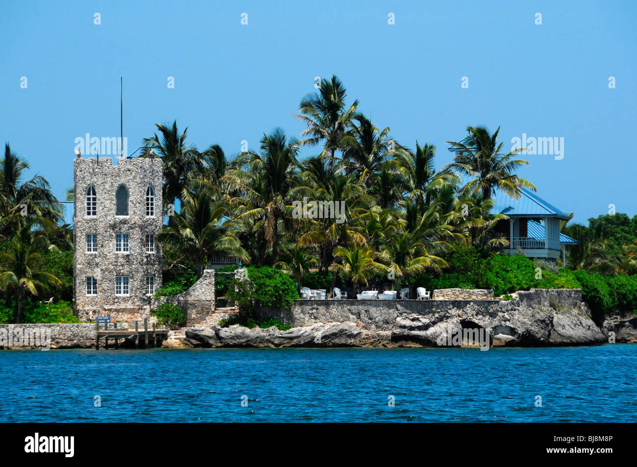 Villa for sale with castle tower, Elbow Cay, Abaco, Bahamas Stock Photo