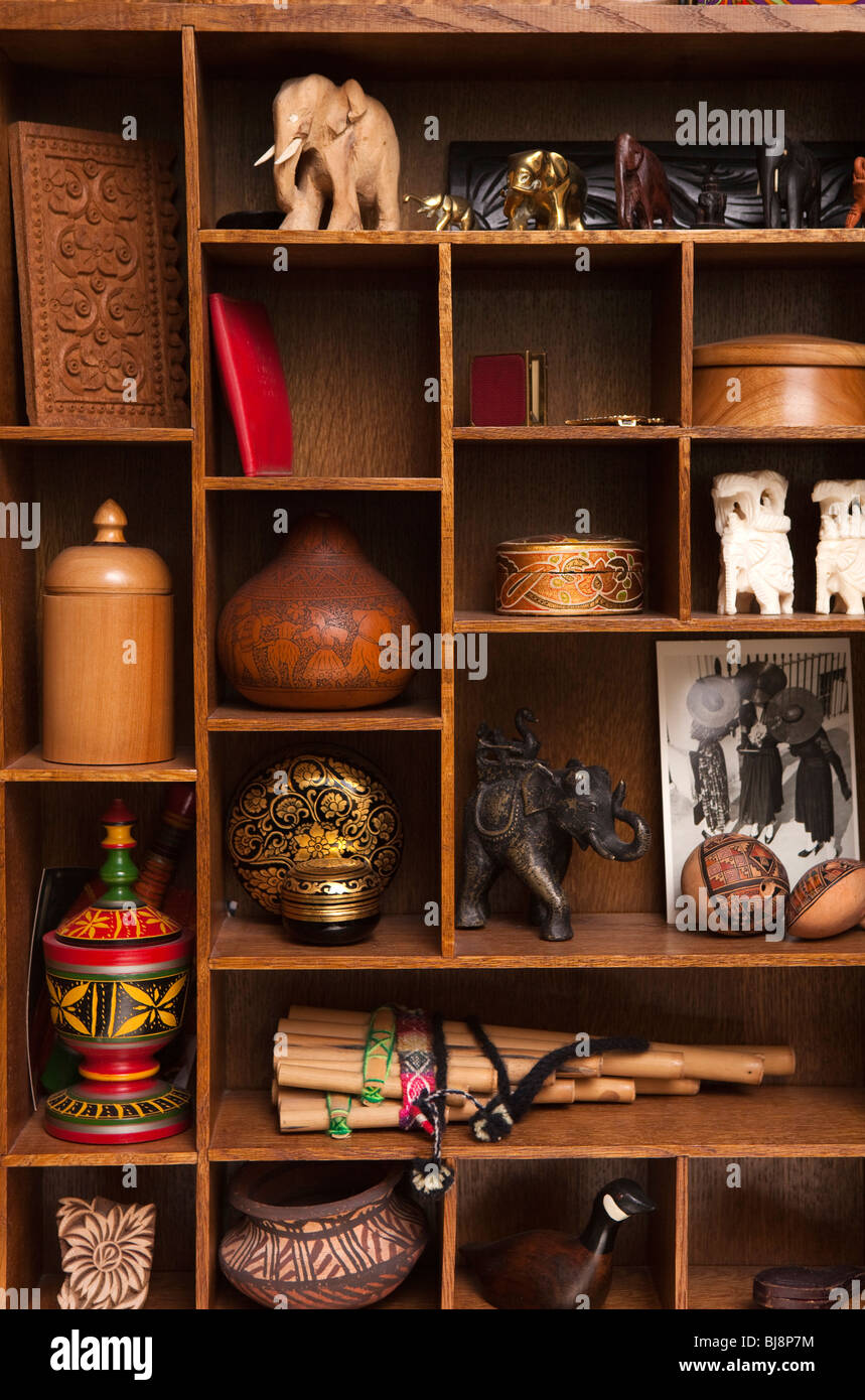 Domestic Interior, wall mounted oak box with separate compartments for interesting items Stock Photo