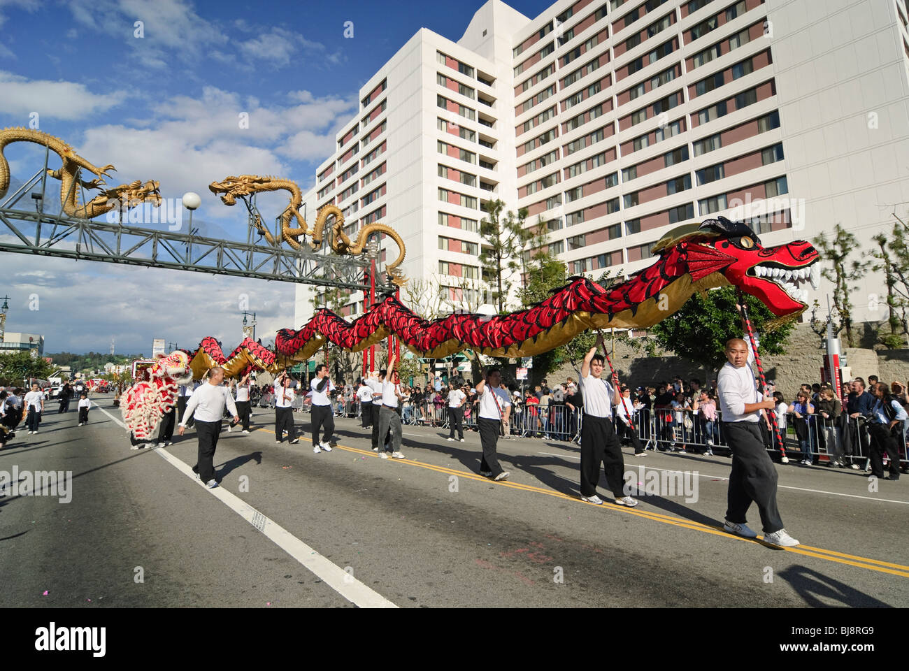 Chinese New Year parade in Chinatown of Los Angeles, California. Featuring Dragons and Lion Dancers. Stock Photo