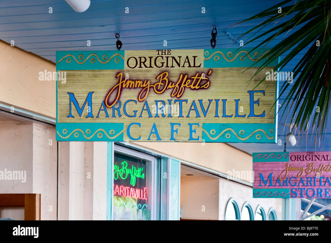 Sign above entrance to the Original Jimmy Buffett's Margaritaville Cafe on Duval Street in Key West, Florida. Stock Photo