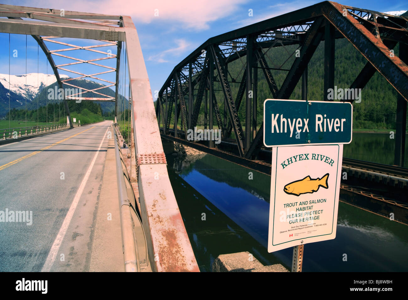 Highway 16 bridge and railway bridge over the Khyex river, near Prince Rupert, BC Stock Photo