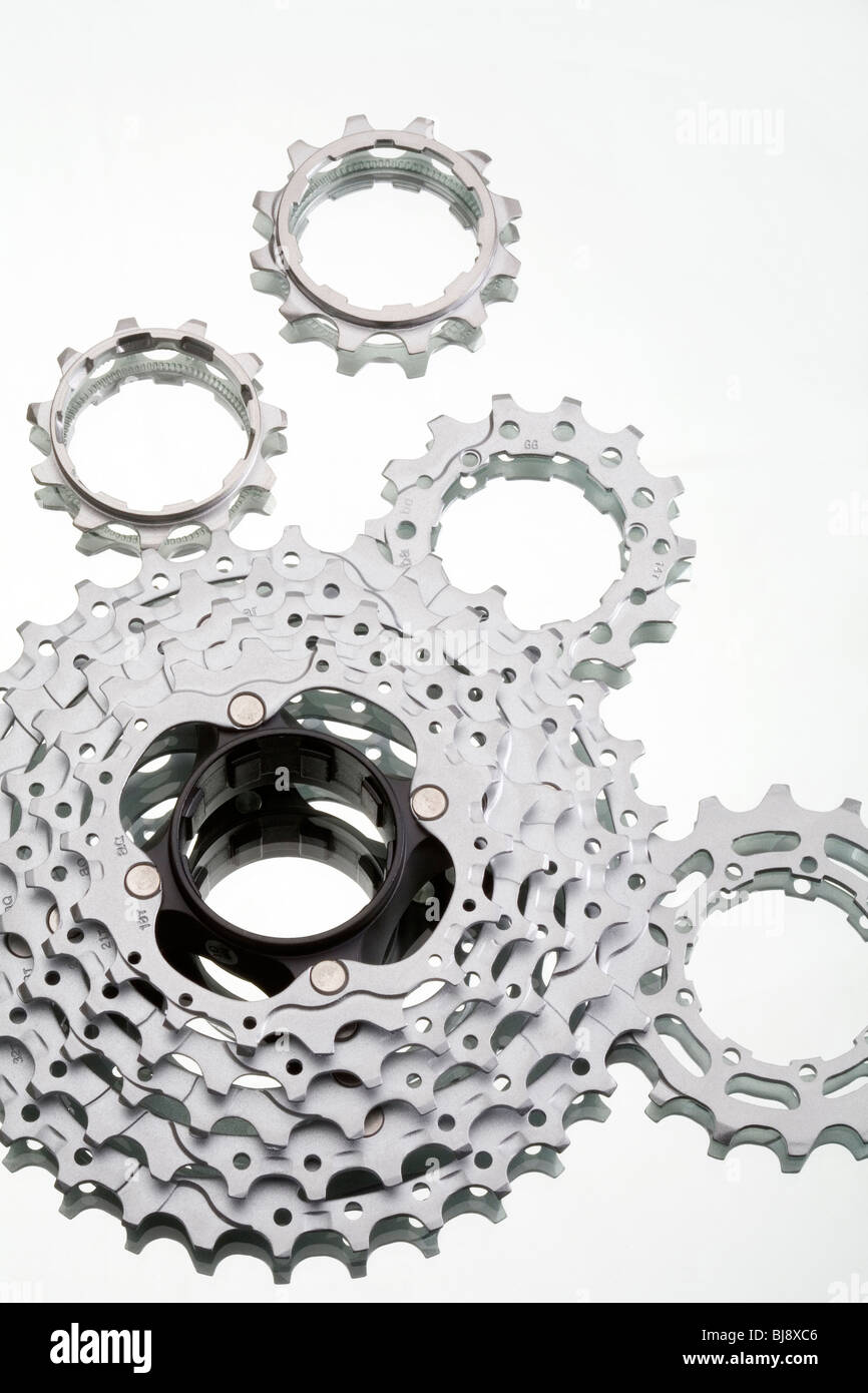 Set of chain wheel cogs from a mountain bike Stock Photo Alamy