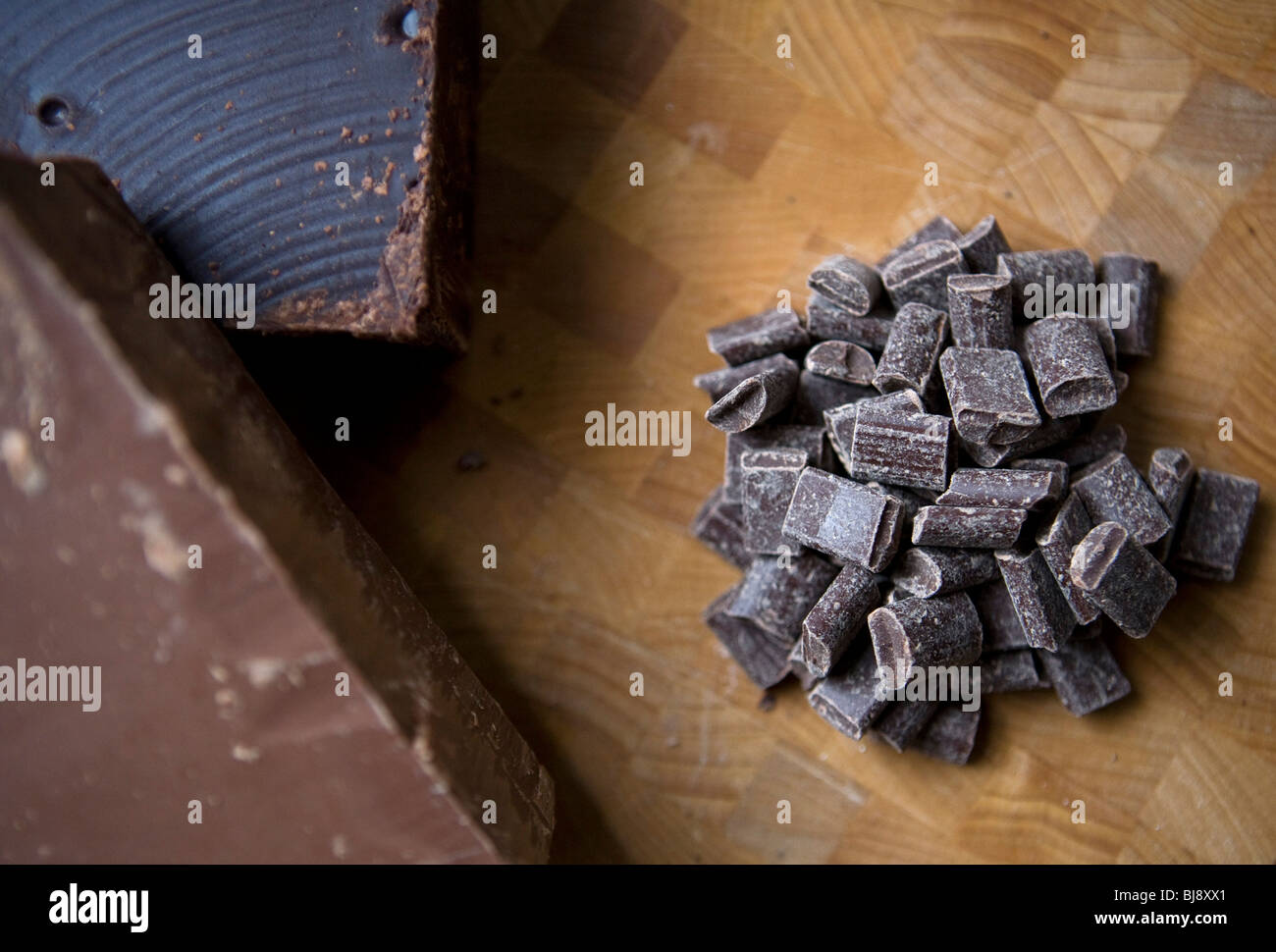 Dark and milk chocolate shavings and chunks.  Stock Photo