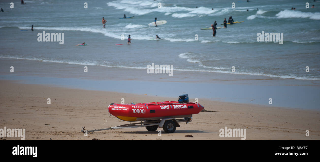Surf rescue boat on beach at Torquay Victoria Australia. Stock Photo