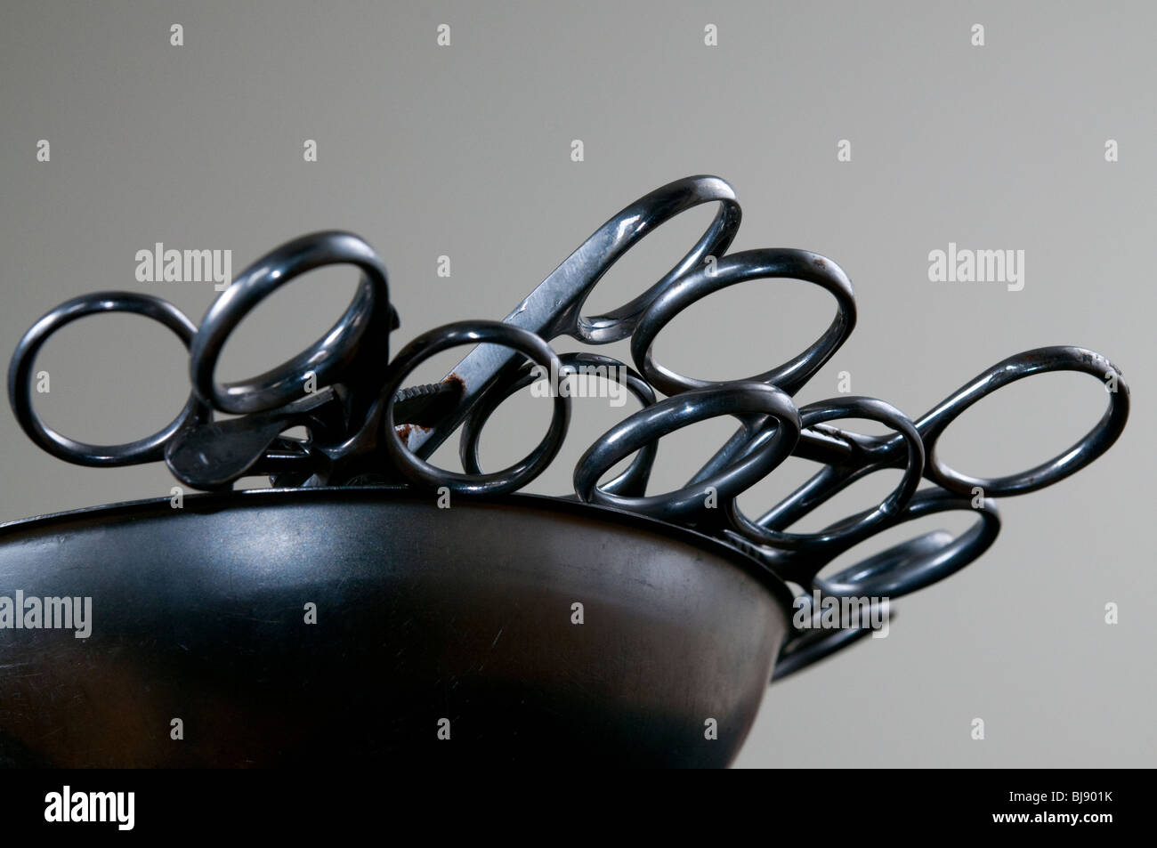 Forceps in a stainless steel kidney dish used in embalming and surgery Stock Photo