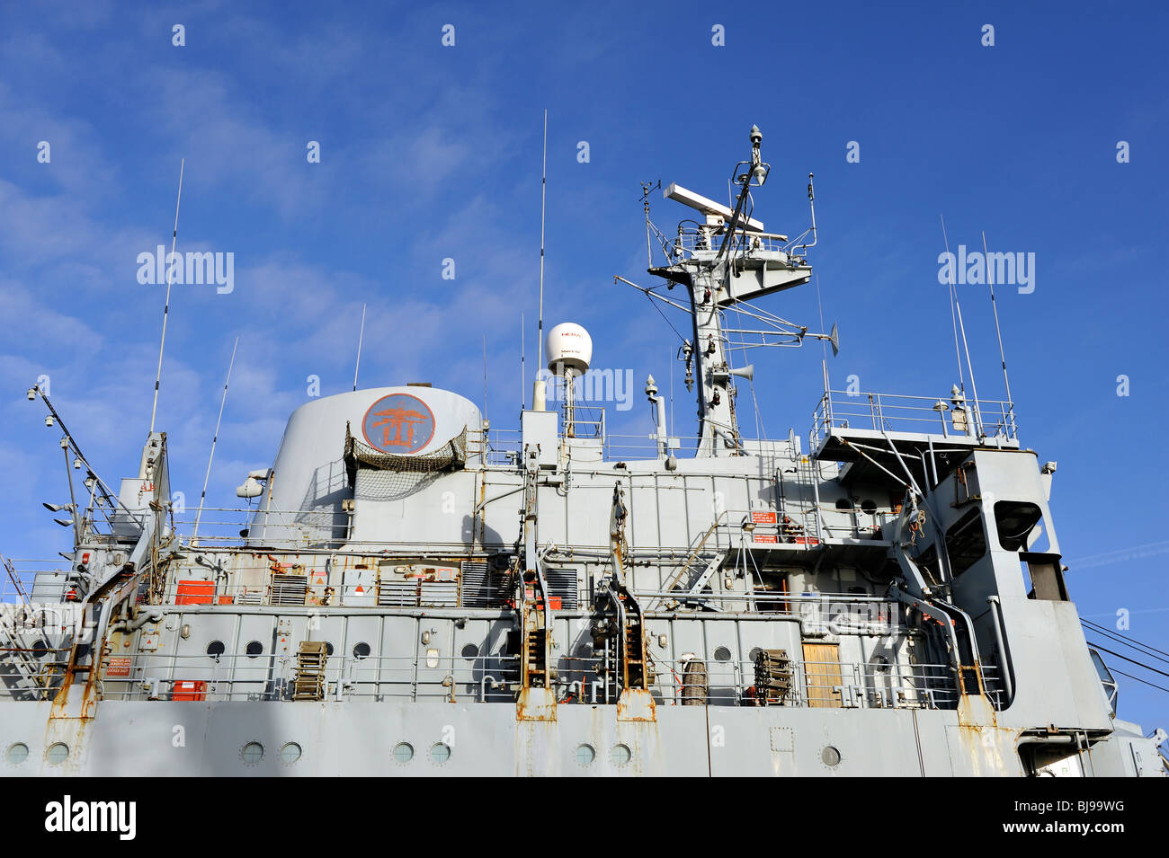 Radar and antennas on old Royal navy Ship Stock Photo