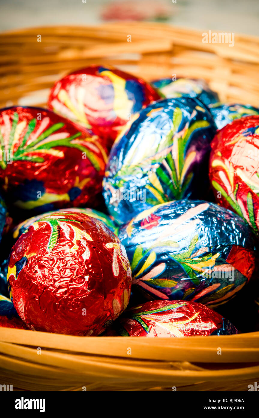 chocolate eggs in colorful wrap Stock Photo