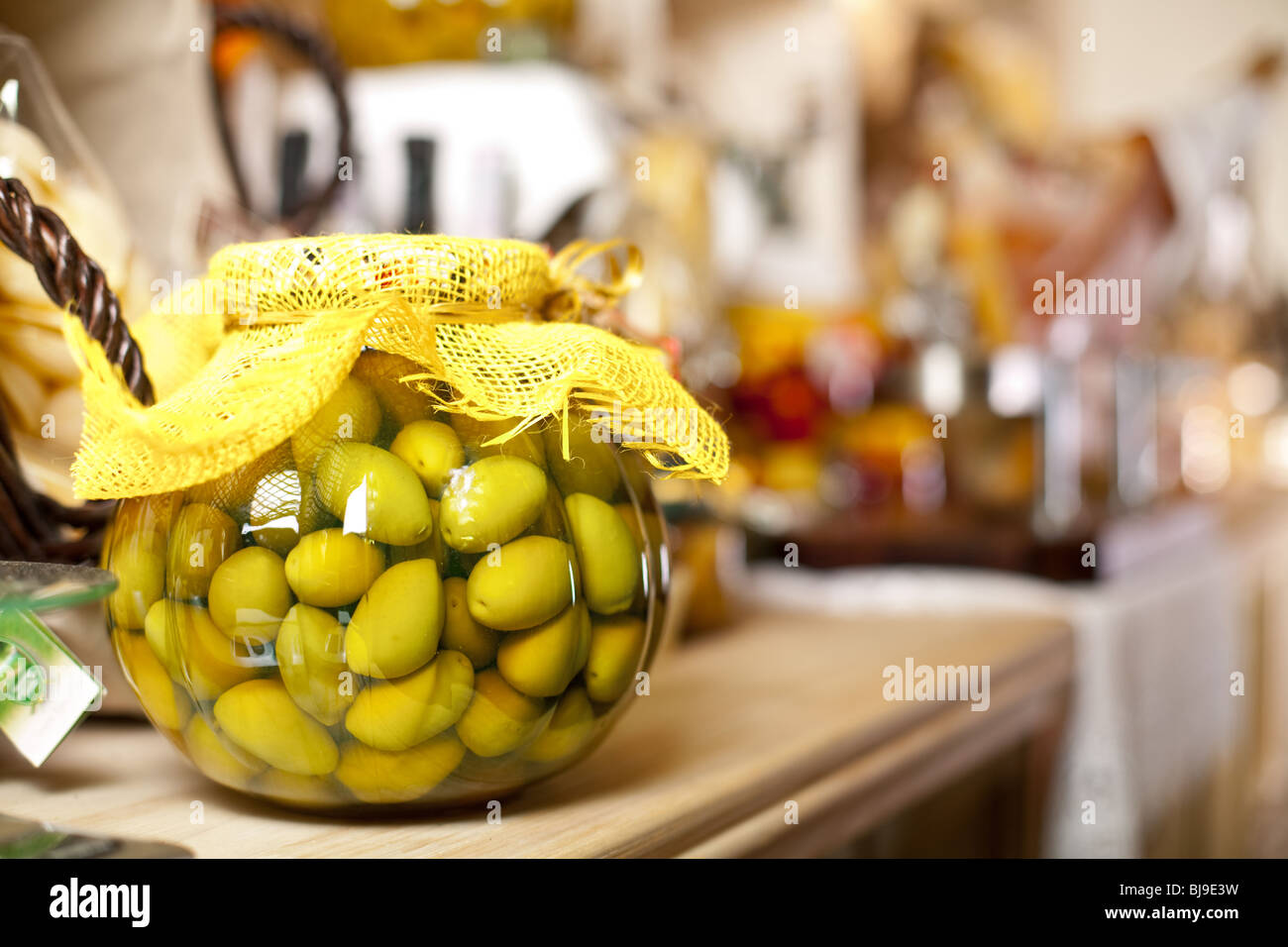 glass jar with green olives Stock Photo Alamy