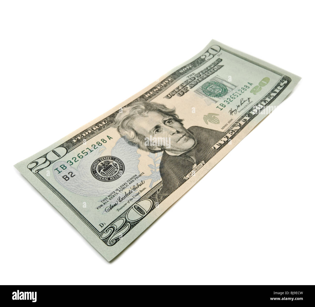 Single twenty dollar bill isolated on white Stock Photo