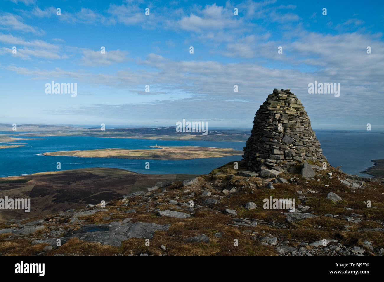 dh  HOY  SOUND ORKNEY Cuilags mountain top cairn Hoy Hills view of Scapa Flow Graemsay Orkney isles Stock Photo