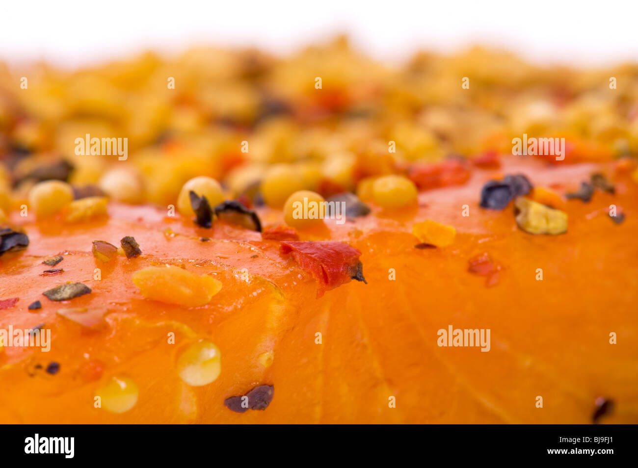 Stremel-salmon Stremel hot smoked pieces of salmon fish fillet with peppers and spices pepper paprika onion mustard seed smoke s Stock Photo