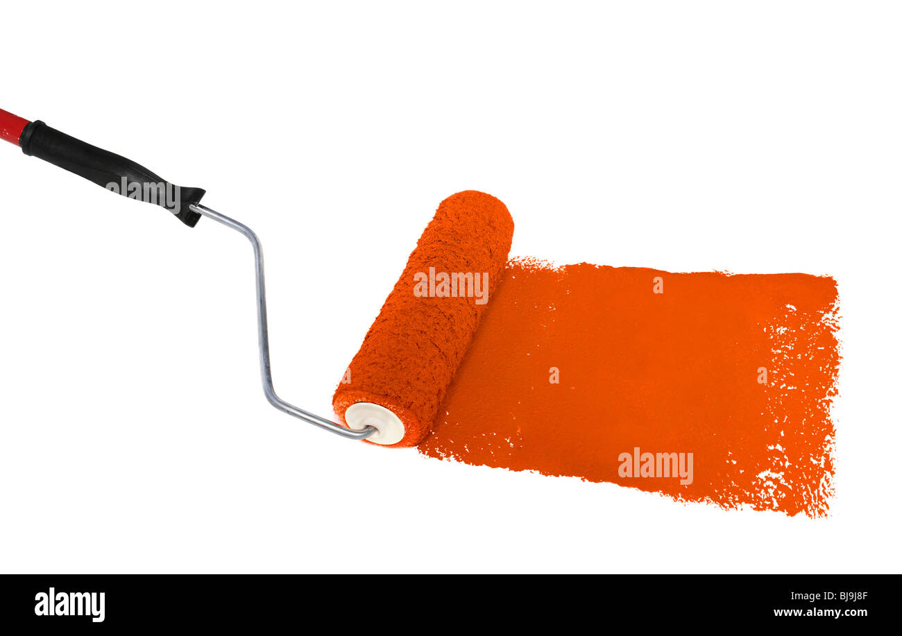 Roller with orange paint over white background Stock Photo