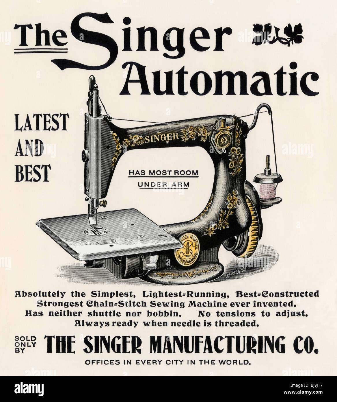 Advertisement for the Singer Automatic sewing machine, 1890s. Hand-colored woodcut Stock Photo