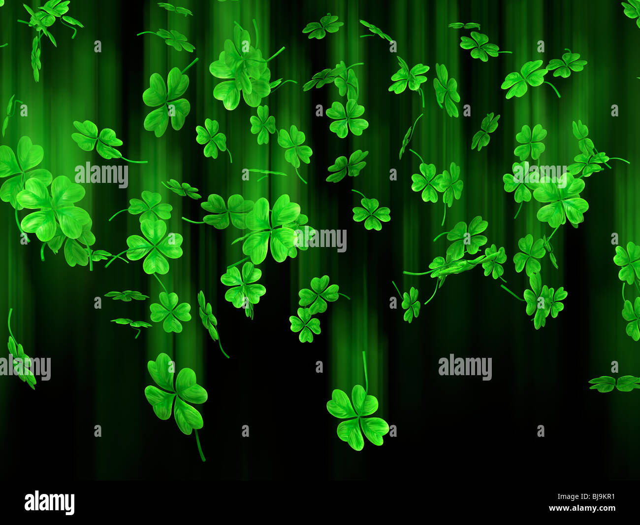 3D illustration of falling shamrock leaves Saint Patrick's day symbol isolated on black background Stock Photo