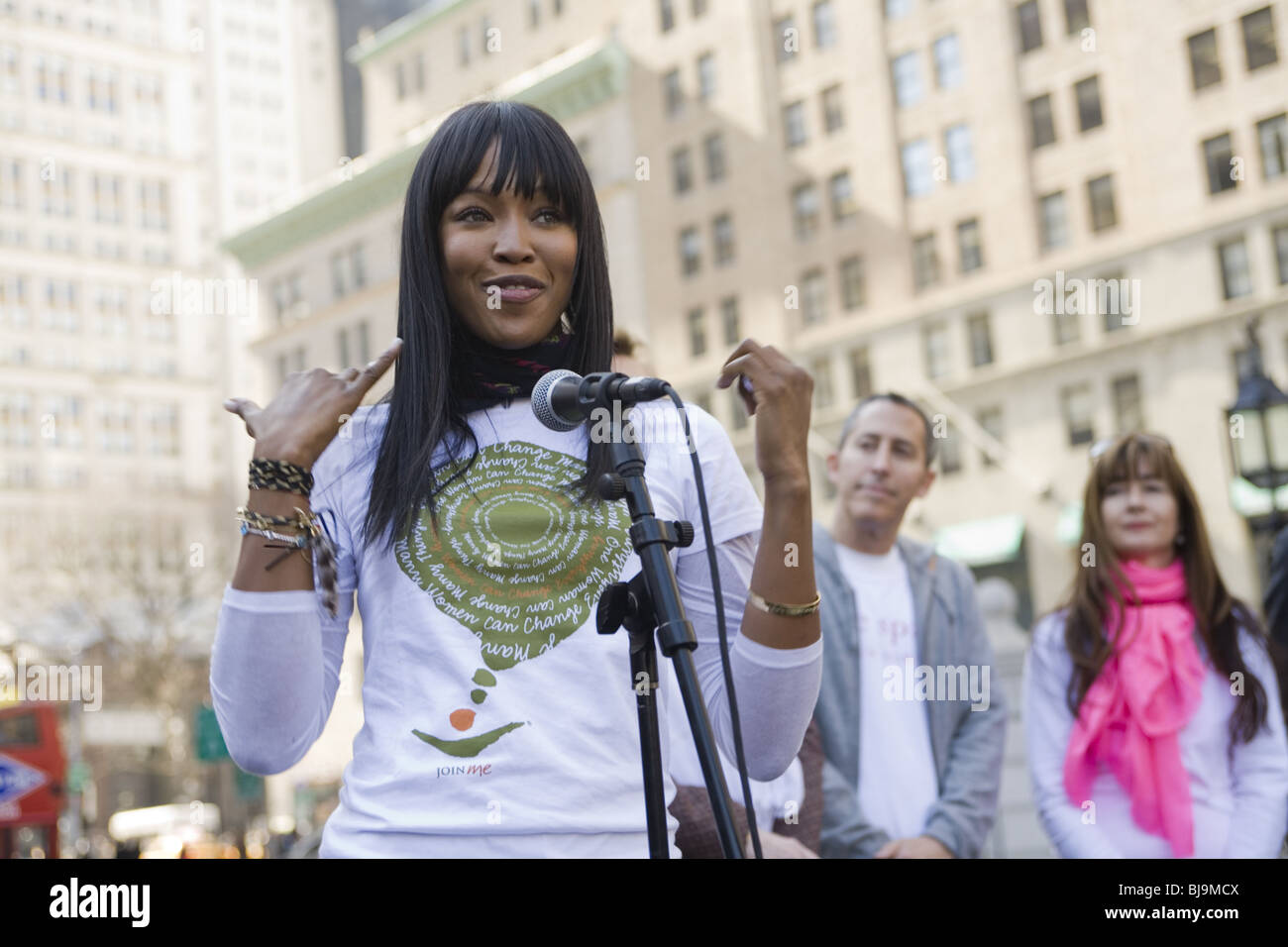 Supermodel Naomi Campbell speaks at an International Women's Day celebration in City Hall Park in New York City in 2010. Stock Photo