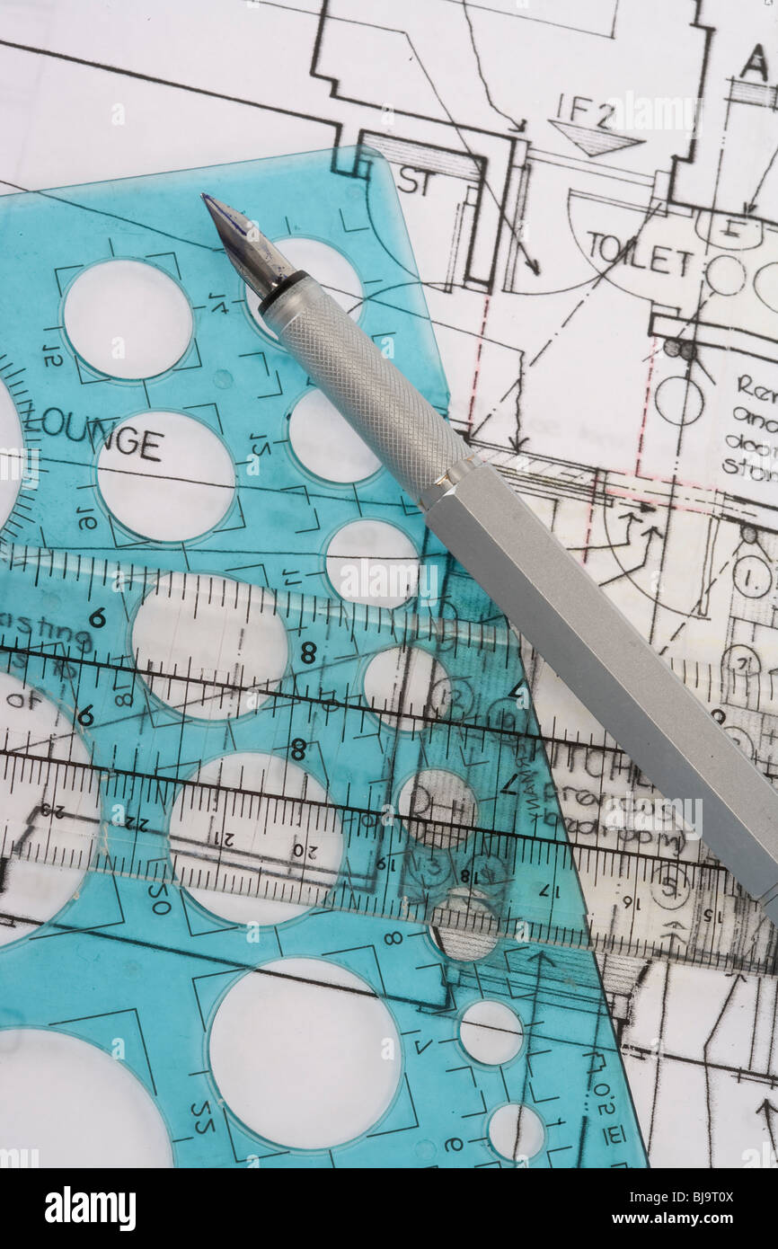Close up of plastic geometry set shot on worksheet Stock Photo